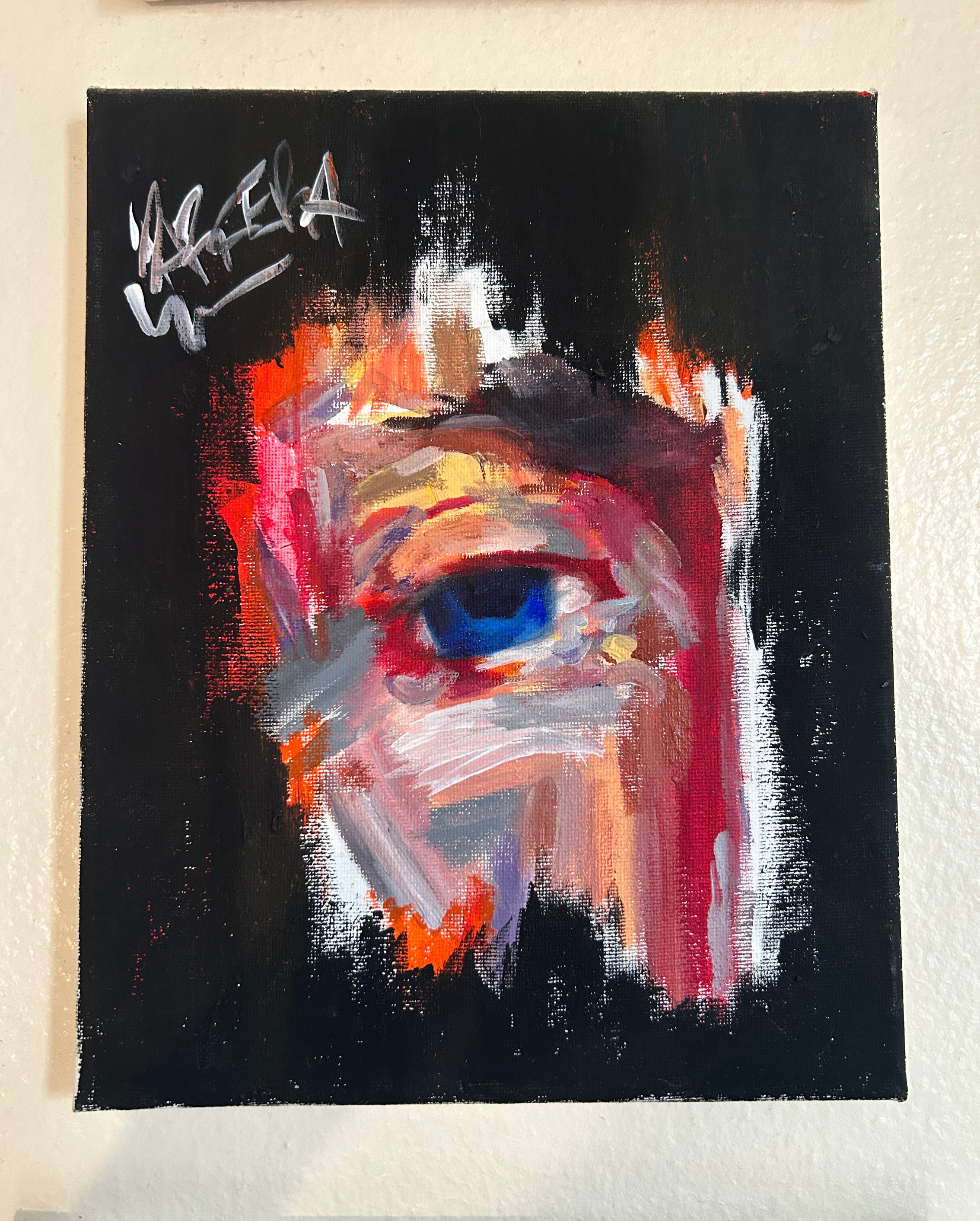 Blue eye with expressive colorful brushstrokes on black