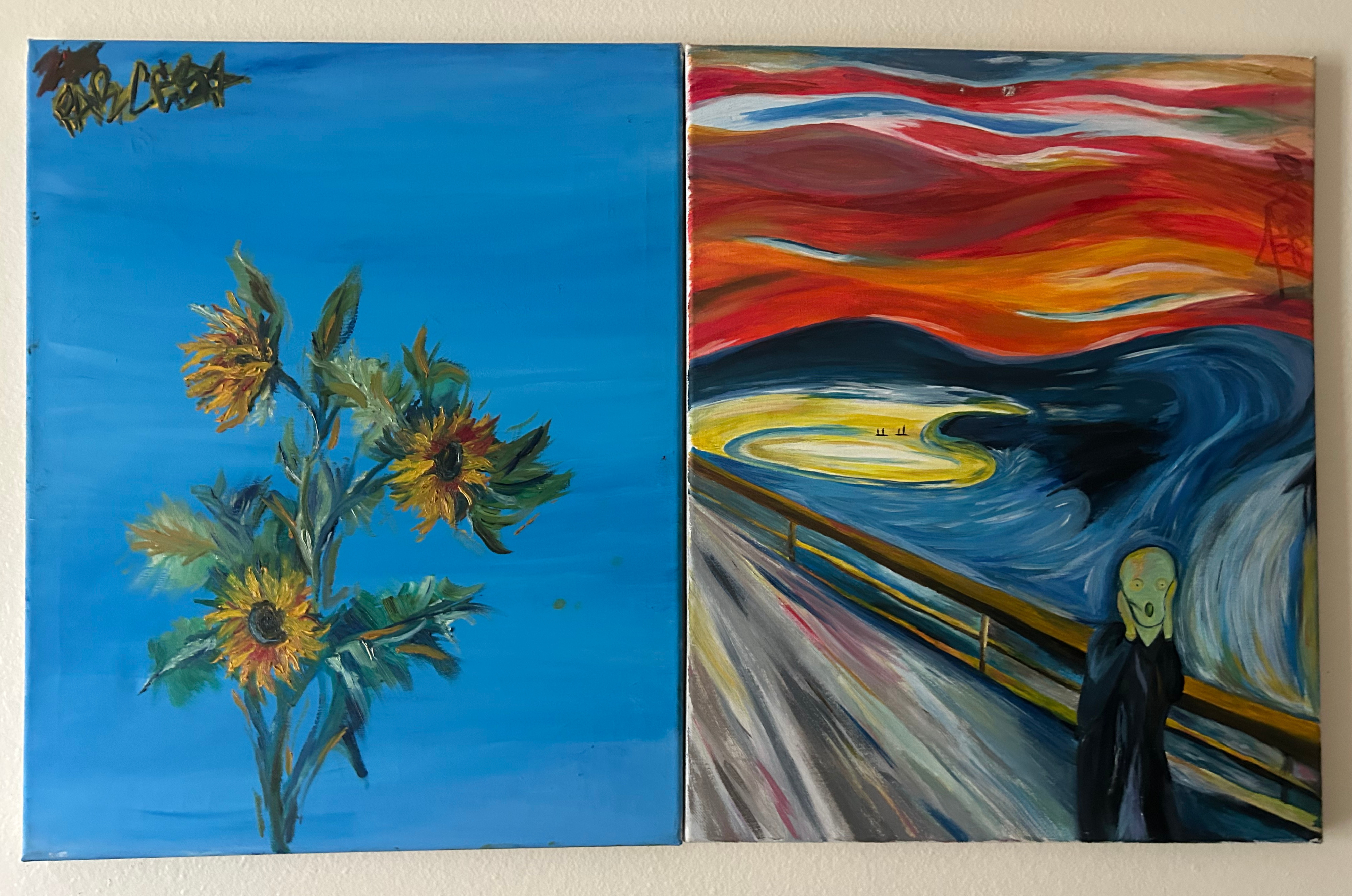 Sunflowers on blue beside an expressive landscape painting